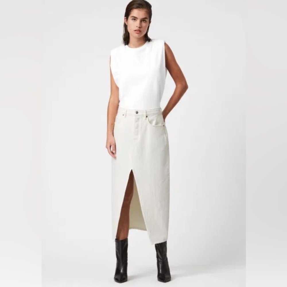 Women's All Saints White Dottie Midi/Maxi Denim skirt w/front slit, 5 pocket - 8